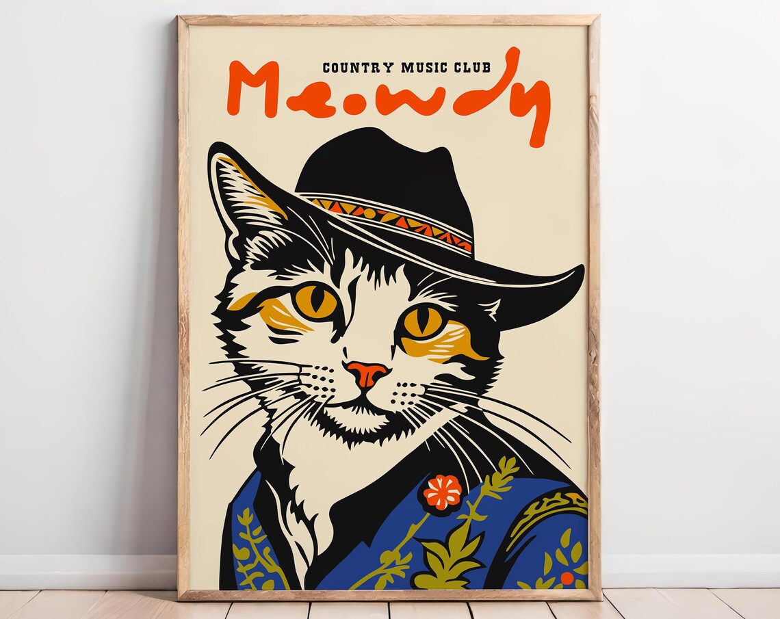 Country Music Club Meowdy Western Cowboy Cat Portrait Poster