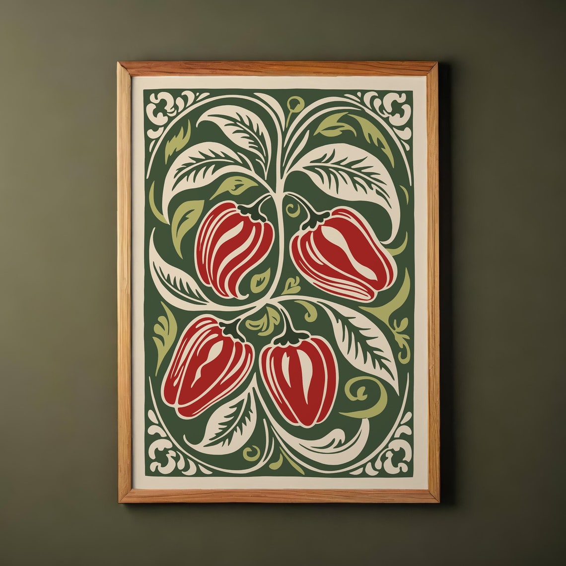 Red Peppers Poster Green Rococo Kitchen Wall Art Modern Vegetable Bohemian Pepper Art Bold Stylized Kitchen Design Farmhouse Decoration