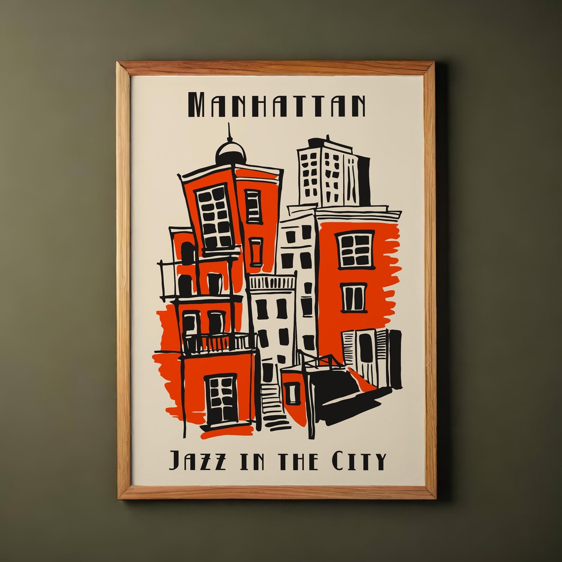 Manhattan Jazz in the City Retro NYC Orange Buildings Poster