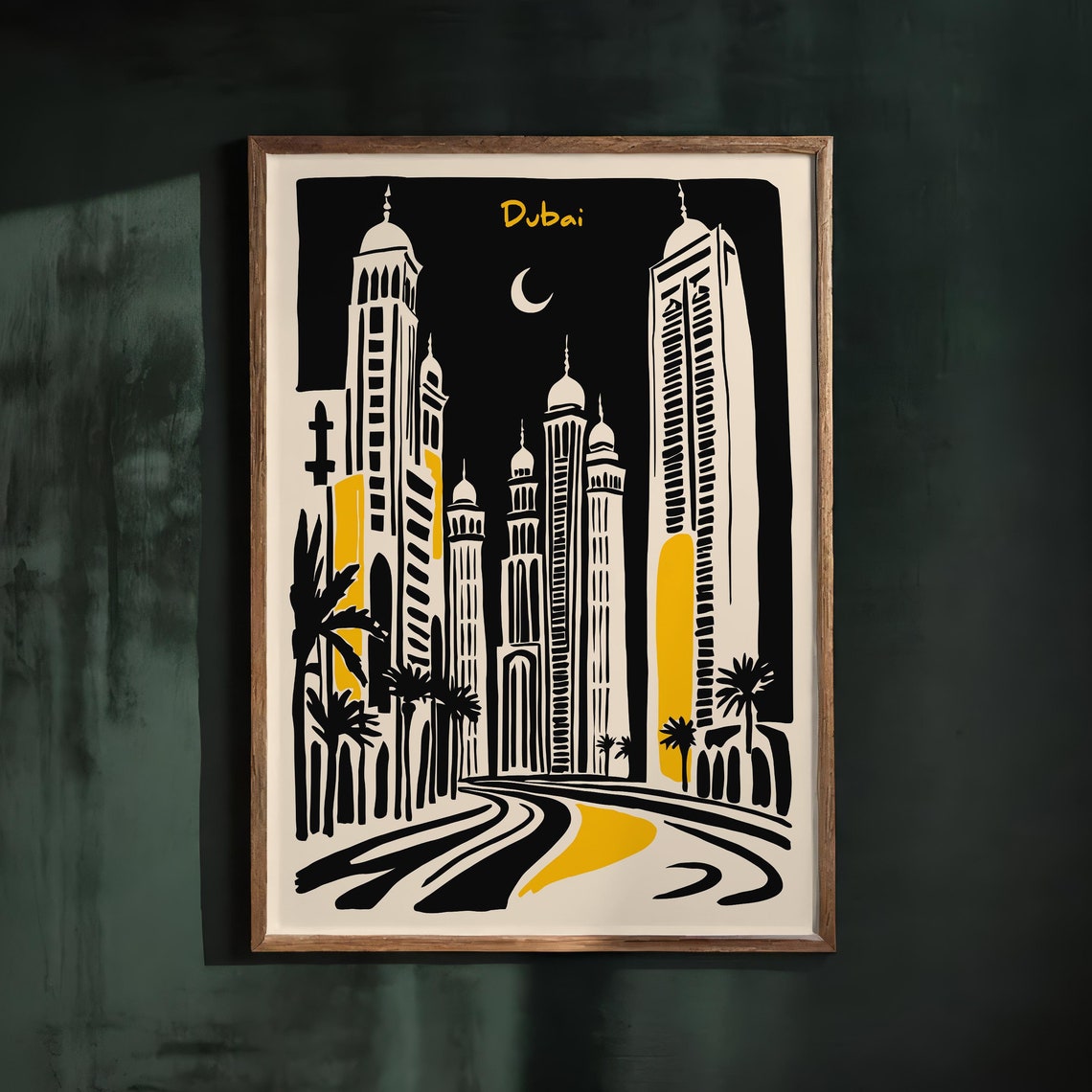 Dubai Night Skyline Black Gold Crescent Moon Cityscape Poster