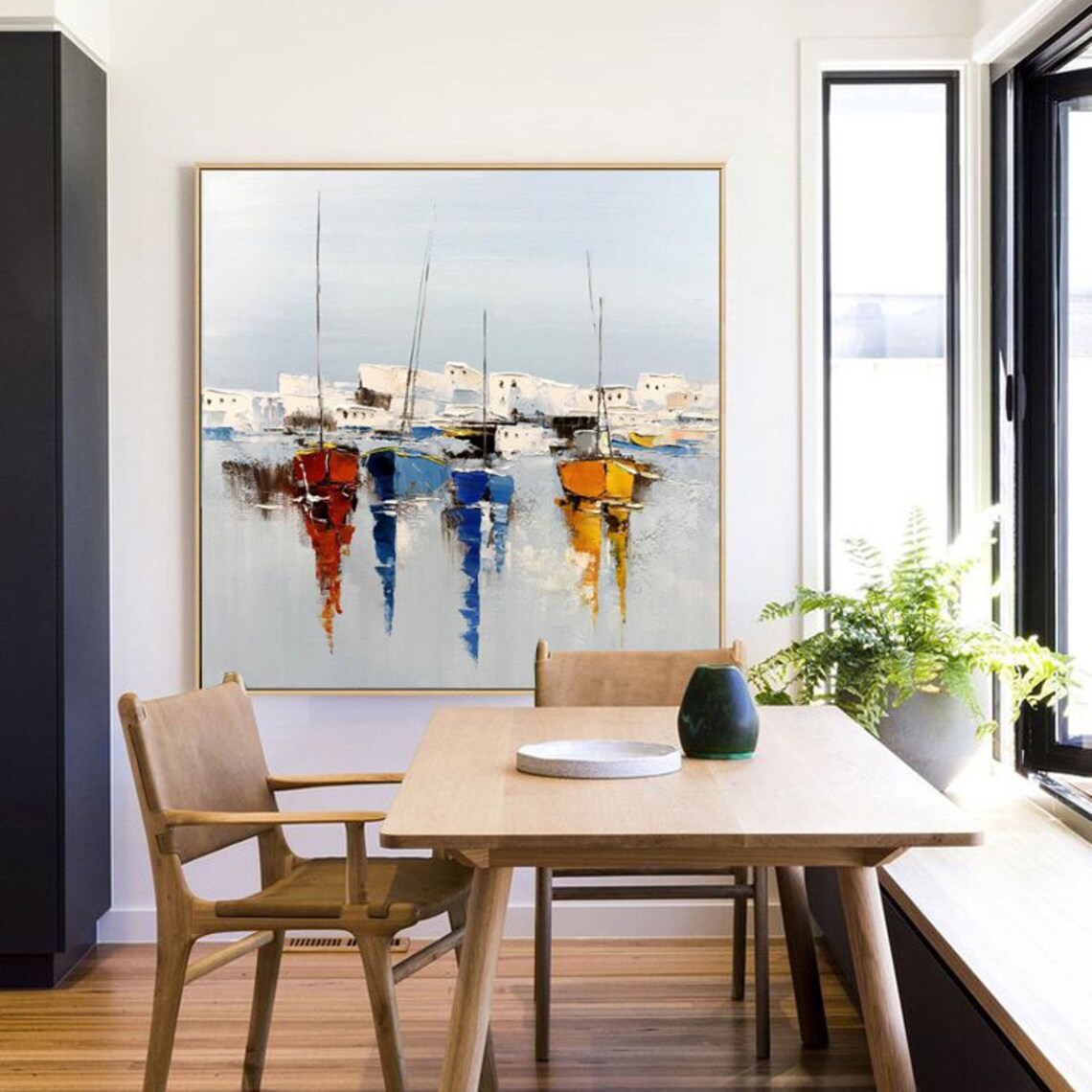 Sailboats in Harbor, Bright Blue Seascape Art Print - Image 3