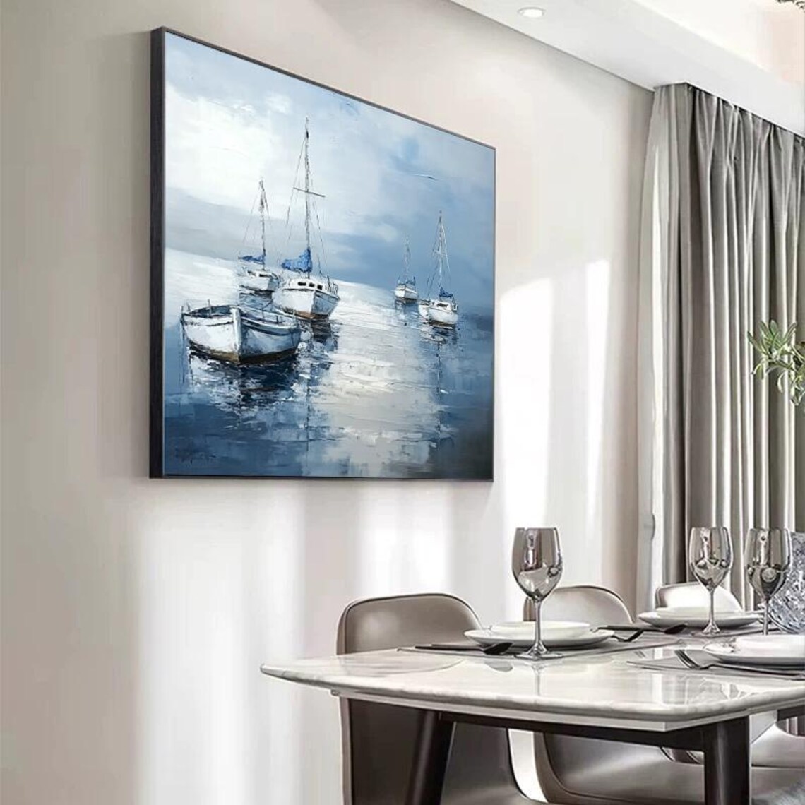 White Sailboats Anchored In Calm Blue Harbor Hand Painted Art Poster - Image 4