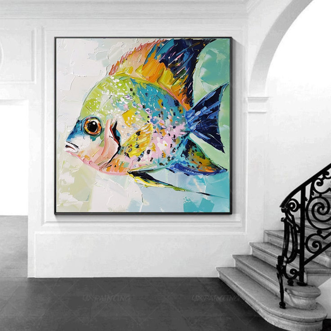 Colorful Tropical Fish Painting Textured Layered Art For Living Room Entryway Dining Room - Image 3