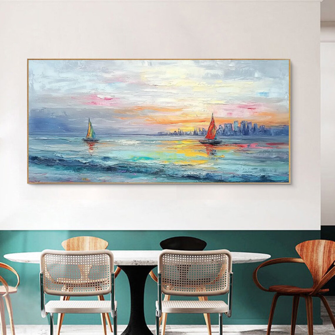 Peaceful Sunset Sailboats Drifting by a City Skyline Harbor Poster - Image 6