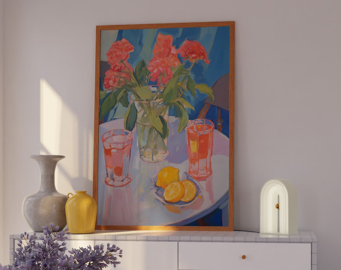 Coral Roses And Fresh Lemons Still Life Table Painting Poster