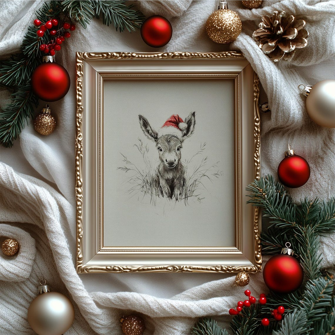 Cute Baby Donkey Santa Hat Sketch Vintage Nursery Christmas Art Poster - Image 4