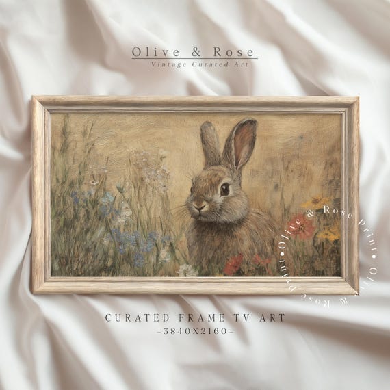 Vintage Easter Bunny In Wildflower Meadow Frame Tv Art Cute Rabbit Painting Tv Art Neutral Spring Decor Beige Holiday Screensaver