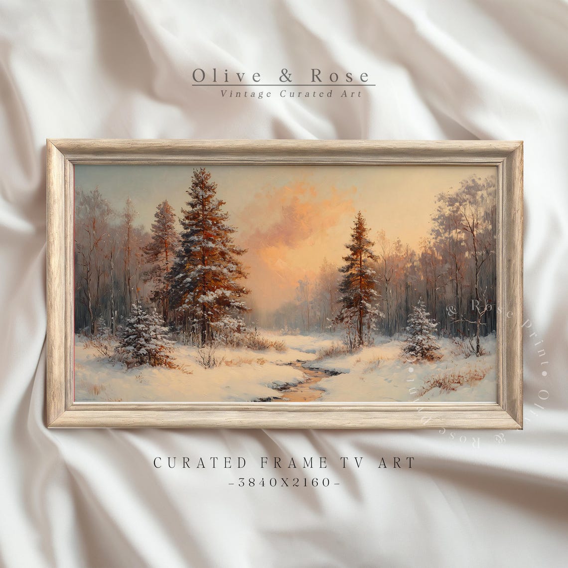 Winter Pine Forest Sunset Stream Snowy Landscape Frame TV Art Poster