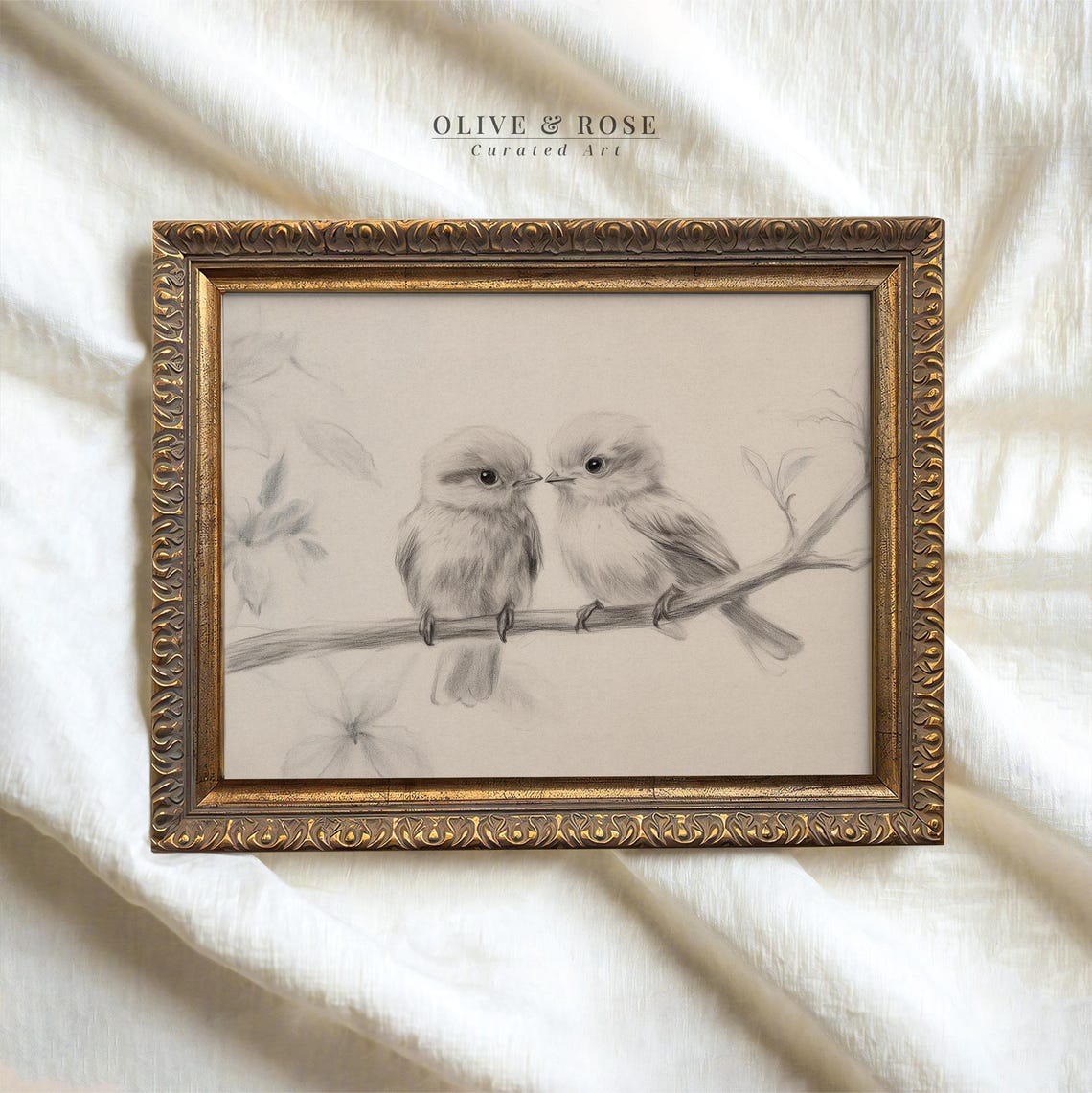 Two Baby Birds Beak To Beak Soft Pencil Sketch Neutral Bird Poster