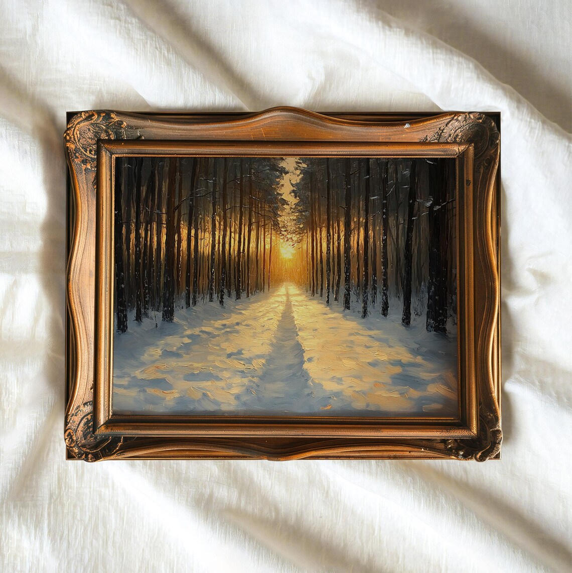 Winter Forest Avenue Golden Sunset Snowy Path Moody Oil Painting Poster - Image 2