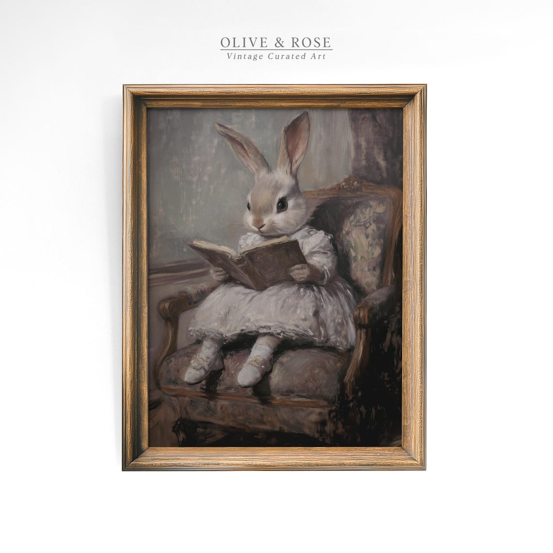 Bunny Reading Book in Armchair White Dress Vintage Nursery Wall Art - Image 4