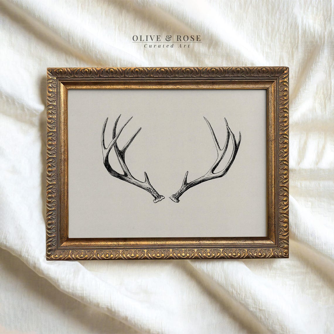 Deer Antler Sketch Minimalist Neutral Winter Rustic Lodge Wall Art