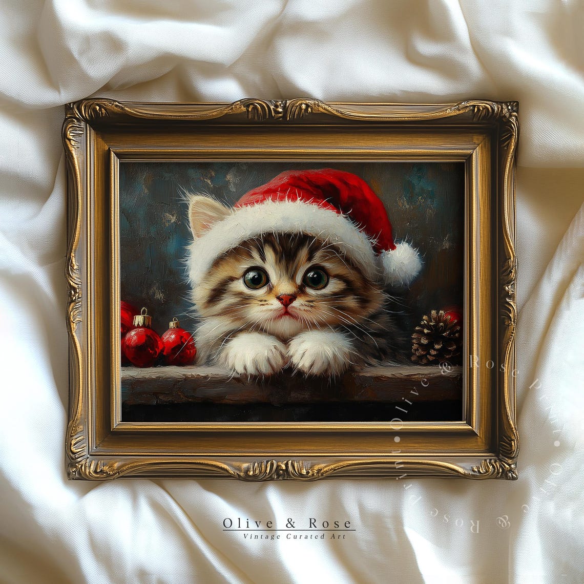 Cute Tabby Kitten In Santa Hat Christmas Vintage Oil Painting Poster