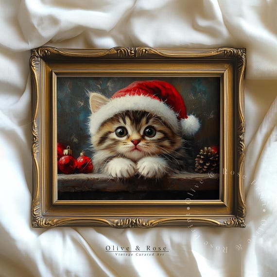 Cute Kitten In Santa Hat Painting Christmas Print Vintage Baby Cat Oil Painting Xmas Wall Decor Nursery Wall Art Prints