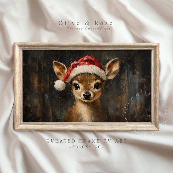Funny Baby Deer With Santa Hat Frame Tv Art Vintage Christmas Frame Tv Cute Deer Oil Painting Frame Tv Holiday Screensaver Decor
