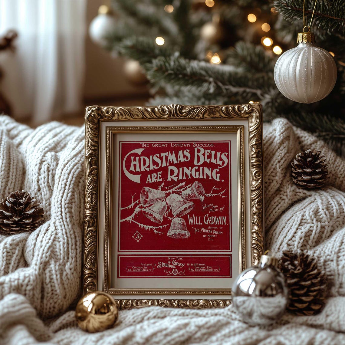 Christmas Bells Are Ringing Antique Sheet Music Cover Red Art Poster - Image 3