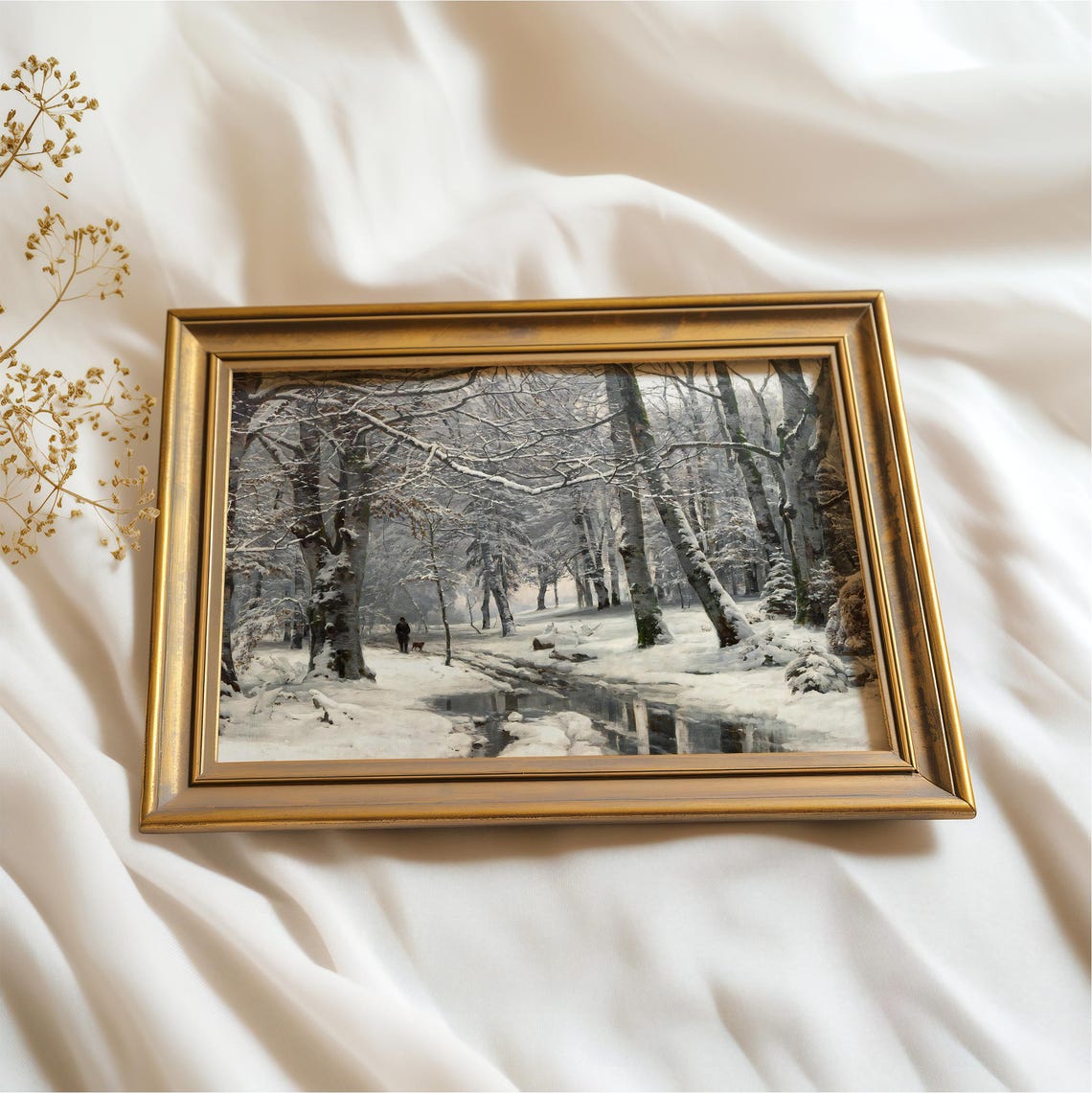 Vintage Snowy Forest Path Stream Winter Walk Landscape Painting Poster - Image 2