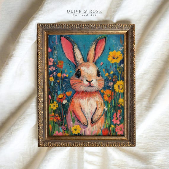Colorful Easter Bunny Wildflower Meadow Print Cute Vibrant Rabbit Painting Wall Art Spring Kids Room Decor