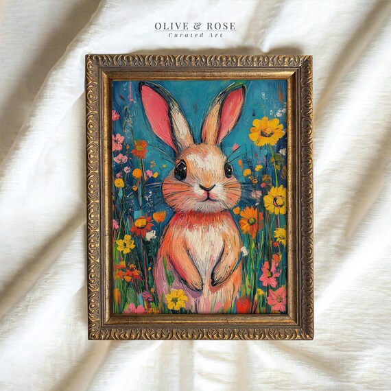 Cute Bunny In Wildflower Meadow Colorful Impasto Oil Painting Spring Poster