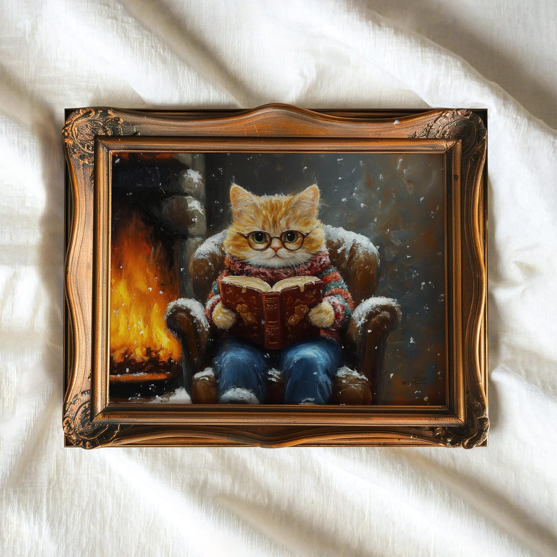 Funny Kitten Reading Book Christmas Wall Decor Cute Cat Painting Print Vintage Xmas Nursery Art Prints - Image 3