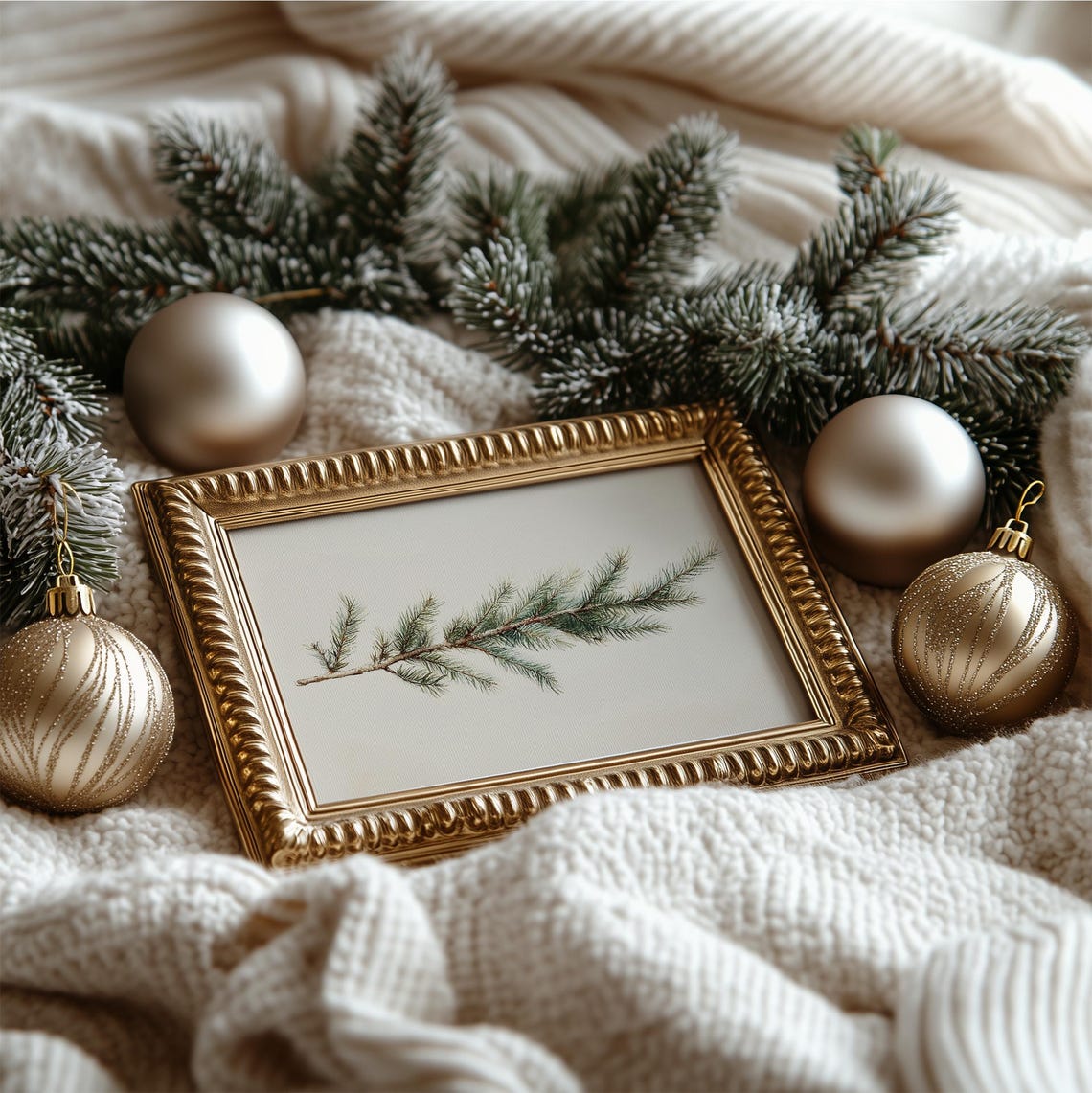 Evergreen Pine Branch Watercolor Painting Neutral Winter Art Poster - Image 4
