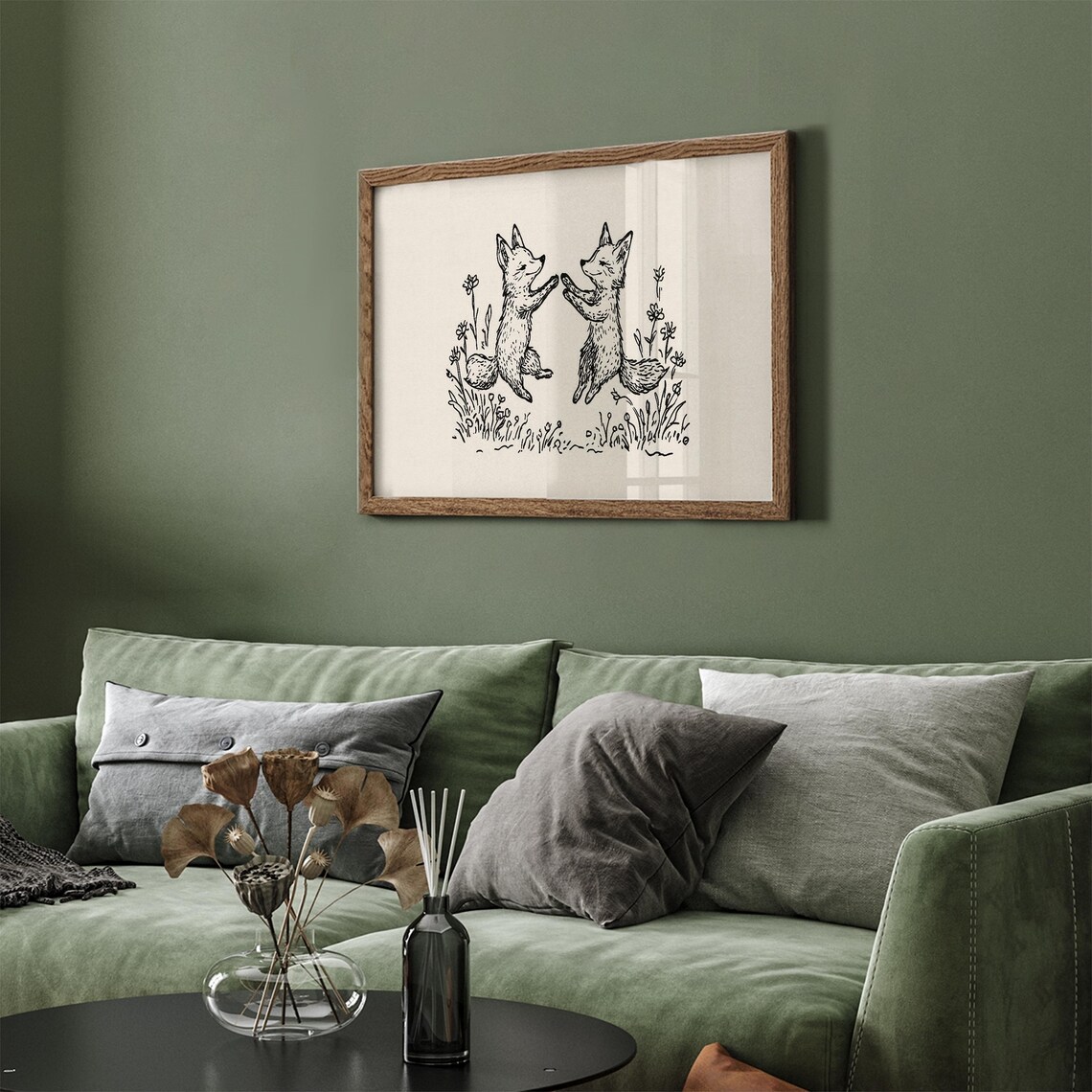 Two Dancing Foxes Black Ink Line Drawing Wildflowers Vintage Nursery Poster - Image 2