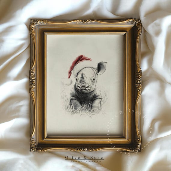 Cute Rihno In Santa Hat Sketch Xmas Print Rihno Christmas Wall Decor Vintage Animal Drawing Prints Neutral Nursery Art