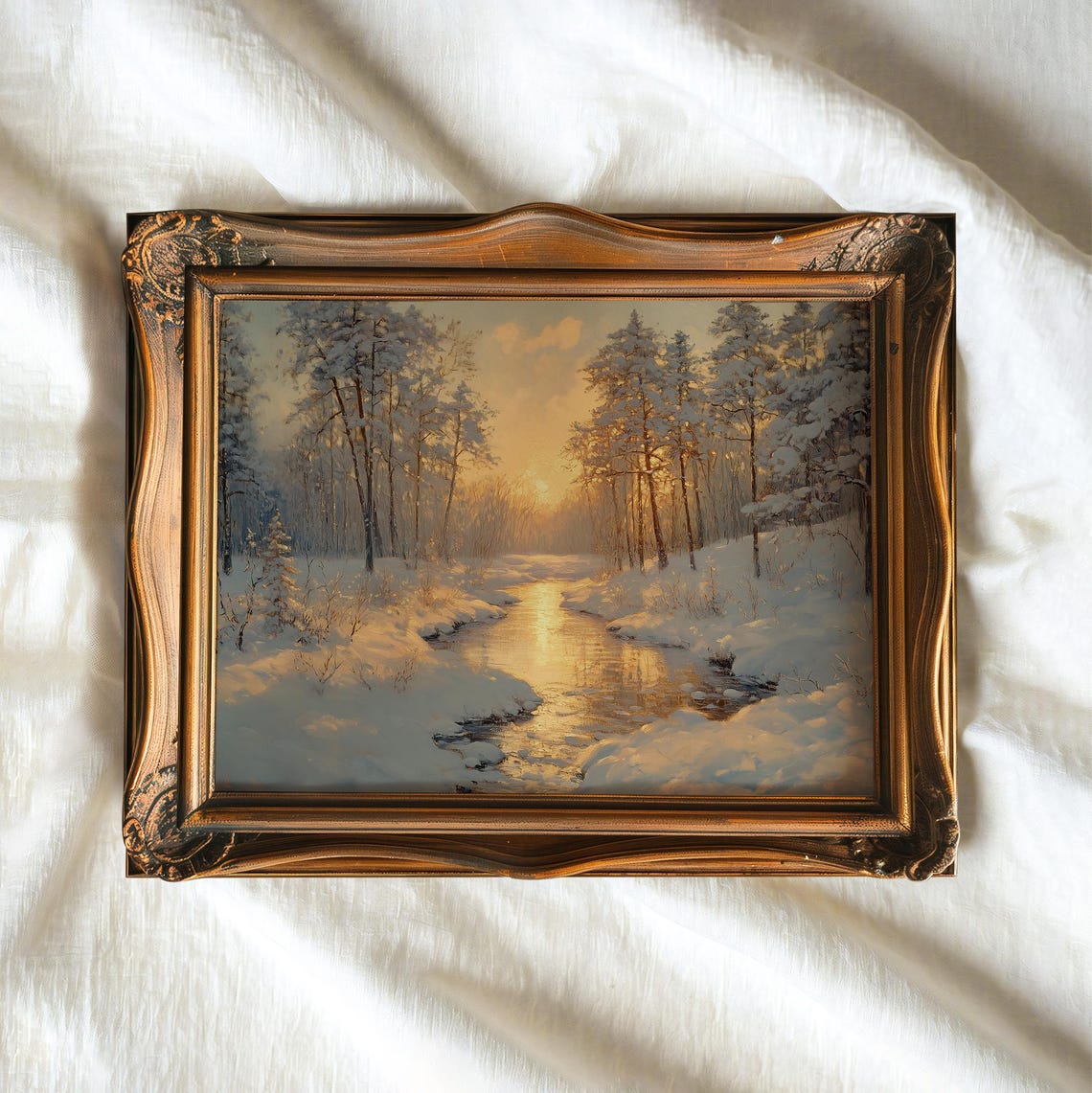 Golden Sunrise Frozen River Snowy Pine Forest Winter Landscape Poster - Image 3