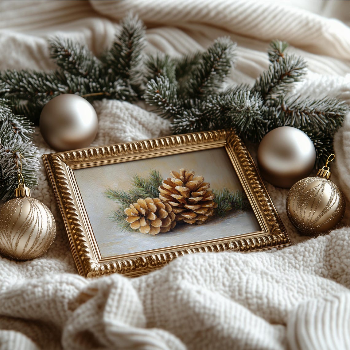 Two Golden Pinecones With Evergreen Boughs Winter Holiday Art Poster - Image 4