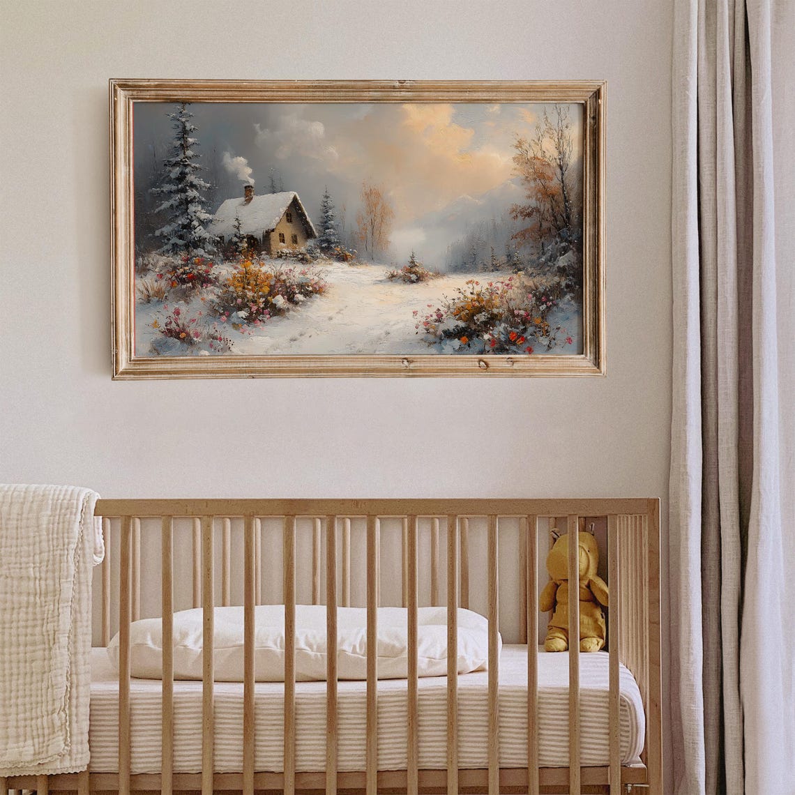 Snowy Cottage Wildflower Meadow Winter Landscape Frame TV Art Poster - Image 2