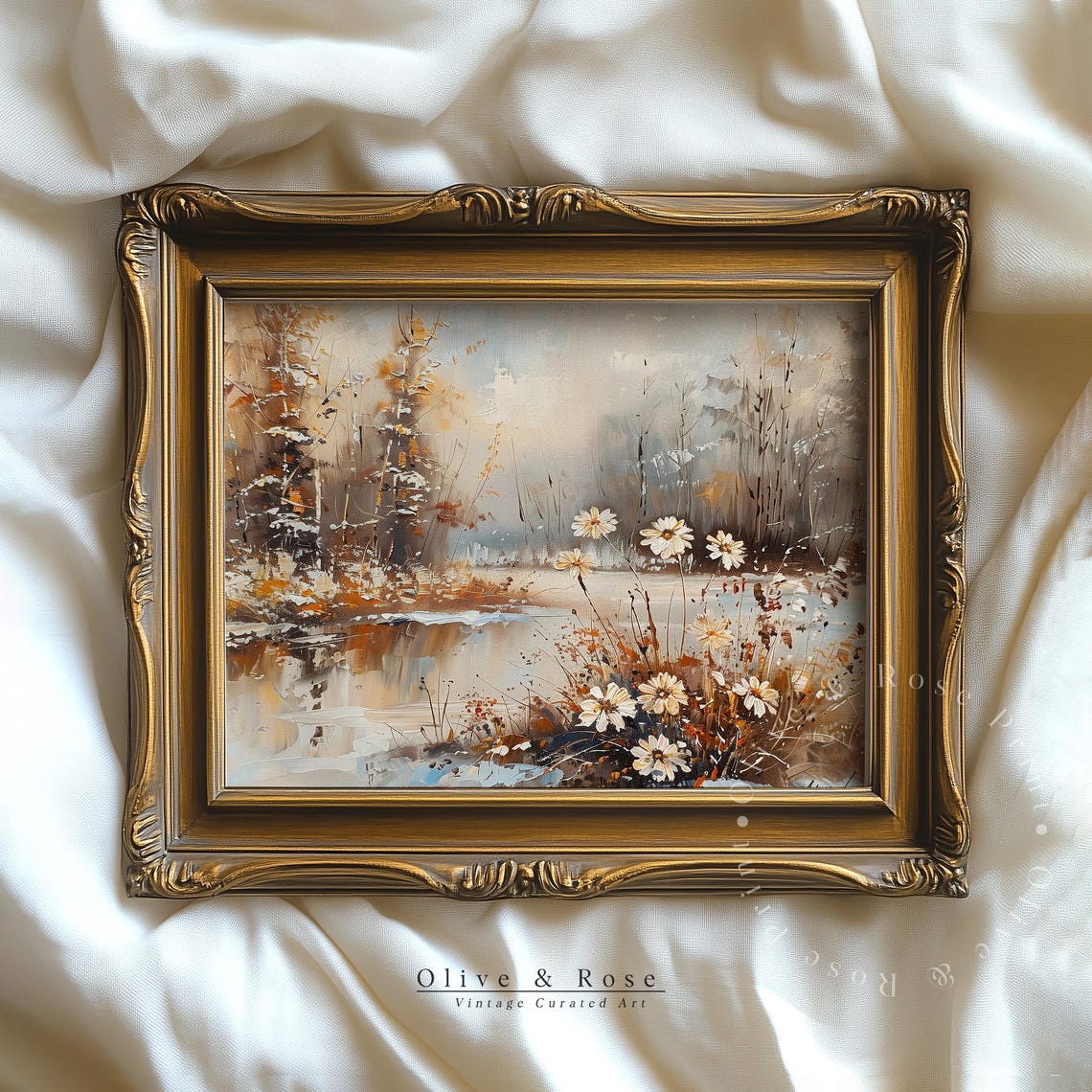 Winter Lakeside Wildflowers Daisy Meadow Golden Reflection Art Poster