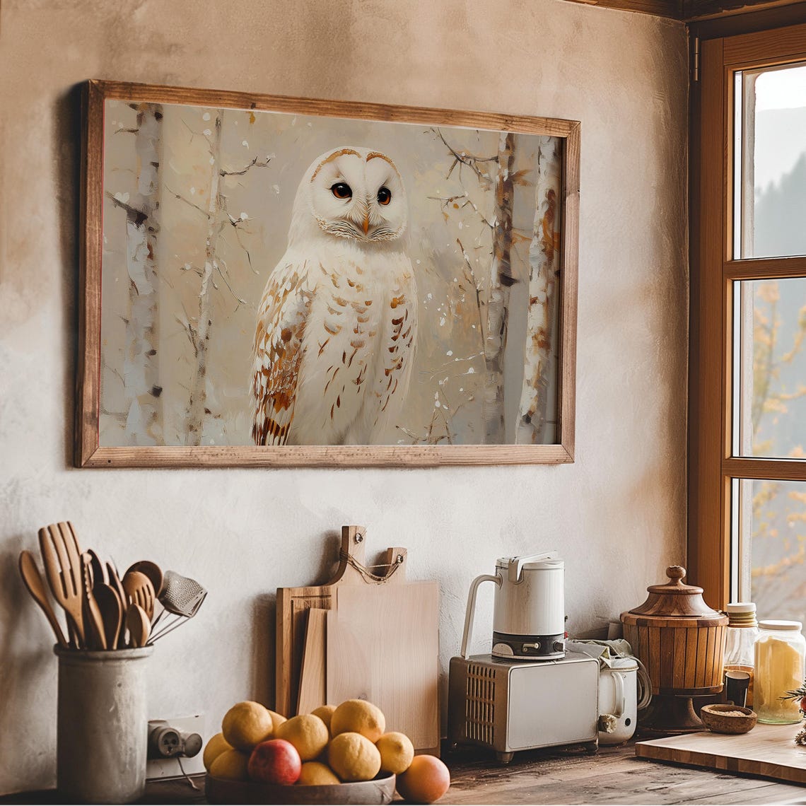 White Owl Winter Birch Forest Vintage Bird Oil Painting Nature Poster - Image 3