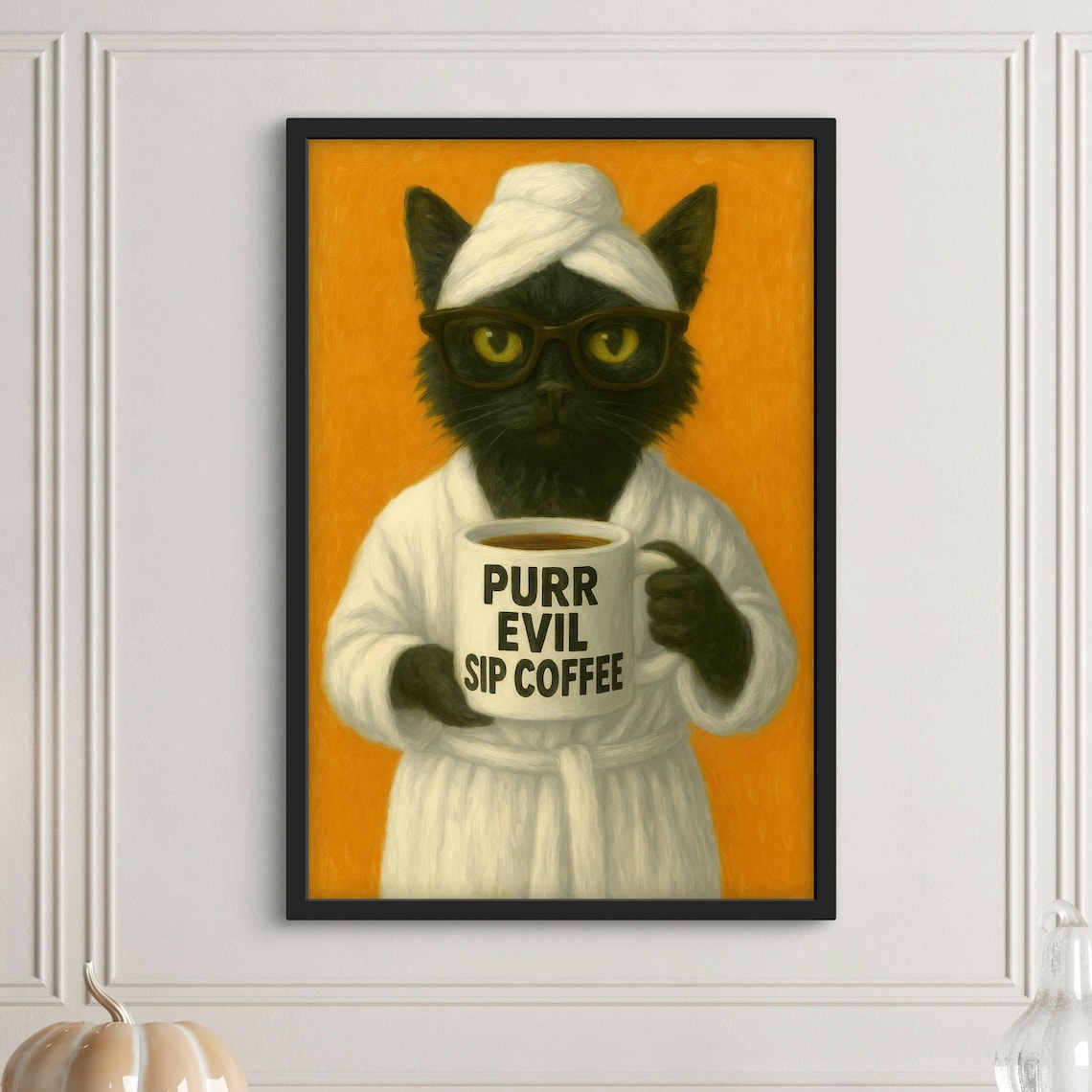 Purr Evil Sip Coffee Black Cat Poster With Glasses And Bathrobe