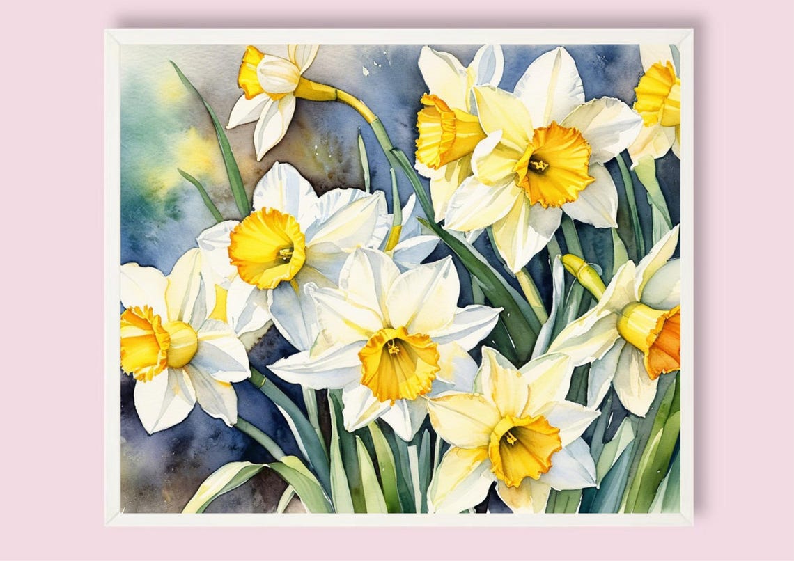 Joyful Yellow White Daffodils Watercolor Spring Floral Poster - Image 5