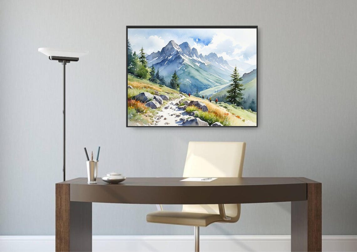 Sawtooth Range Hikers Alpine Watercolor Rocky Mountain Poster - Image 3