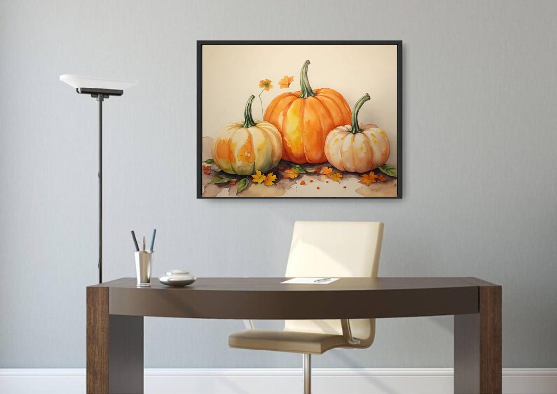 Pumpkins With Autumn Leaves Watercolor Fall Still Life Kitchen Poster - Image 4