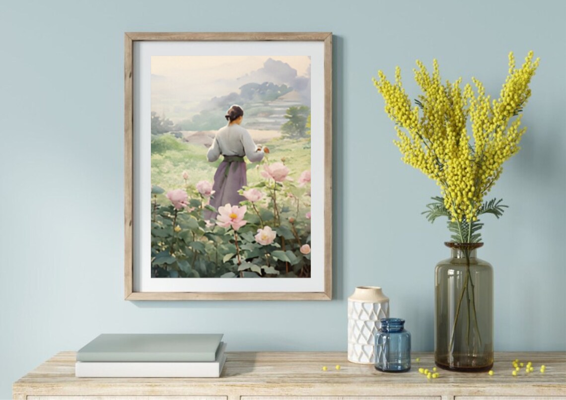 Woman in Rose Garden Among Blooming Pink Roses Watercolor Poster - Image 5