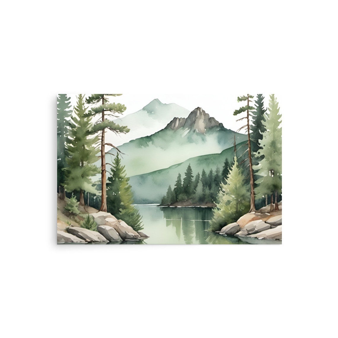 Mountain Lake Pines Misty Peaks Reflection Watercolor Poster - Image 3
