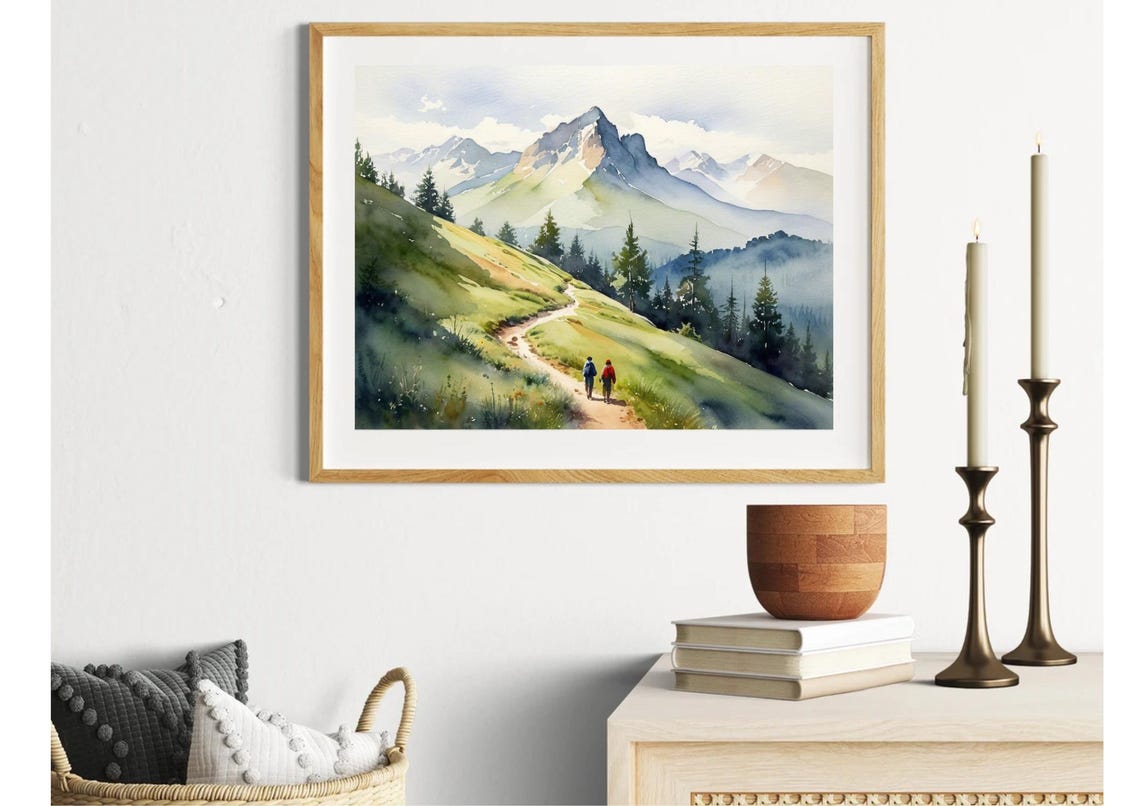 Two Hikers on Alpine Trail Watercolor Mountain Adventure Poster - Image 6