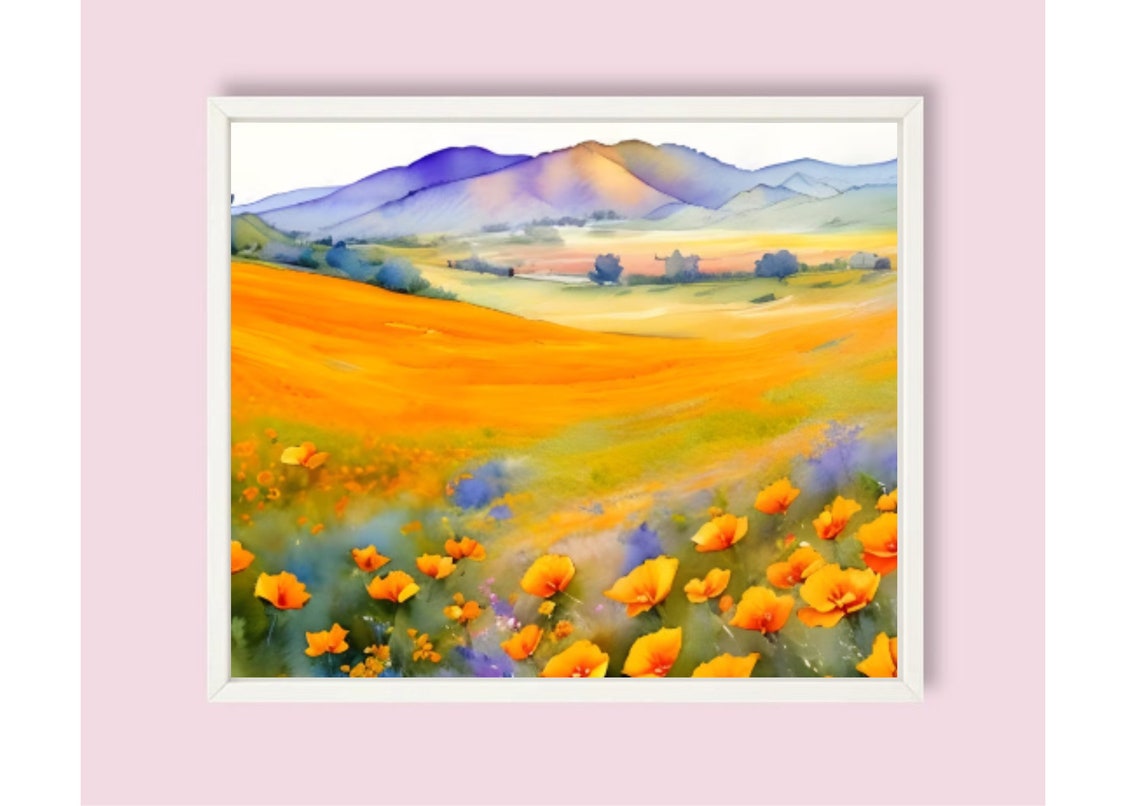 California Poppies Field Watercolor Painting Orange Poppies Art Print Panoramic Wildflowers Field Wall Art Watercolor California Poppy Art - Image 6