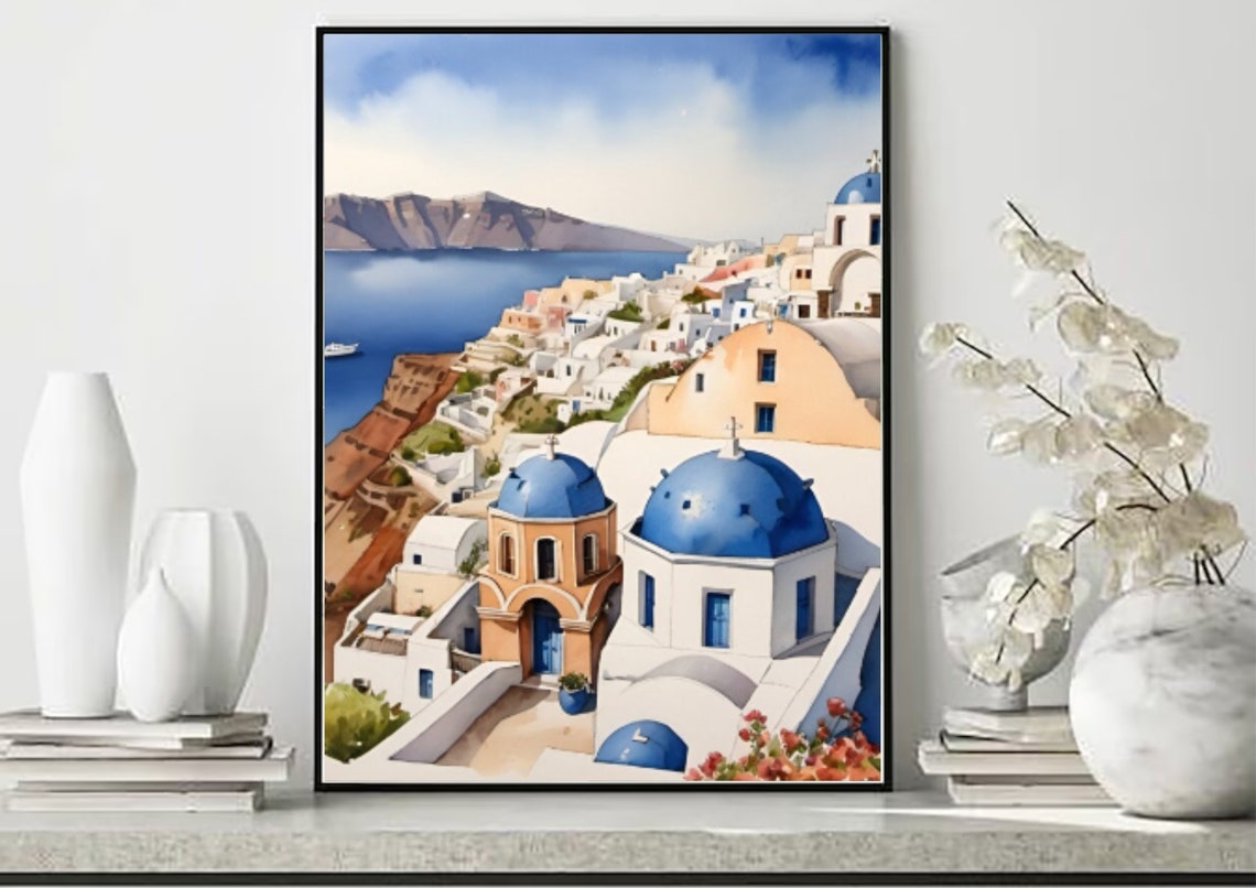 Santorini Blue Domed Churches White Buildings Watercolor Poster - Image 5