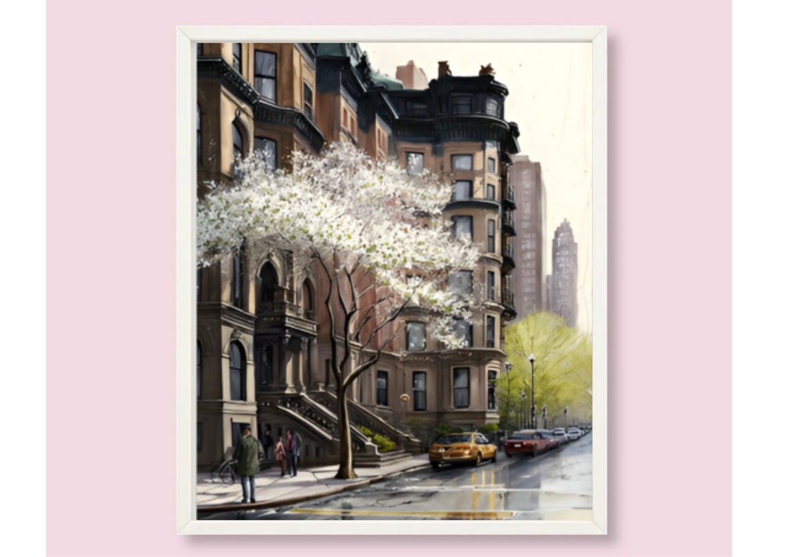 New York Brownstone Street Spring Blossom Yellow Cab Watercolor Poster - Image 6