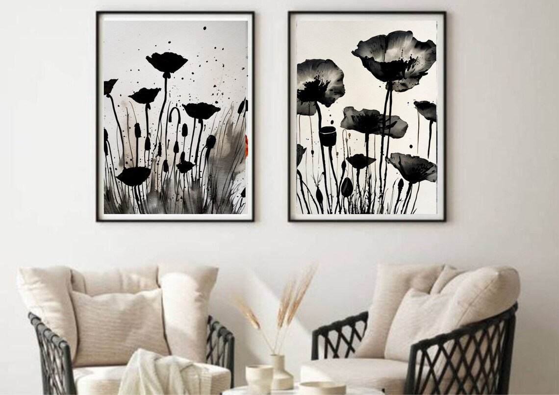 Black White Poppy Flowers Ink Watercolor Sketch Botanical Art Poster - Image 3