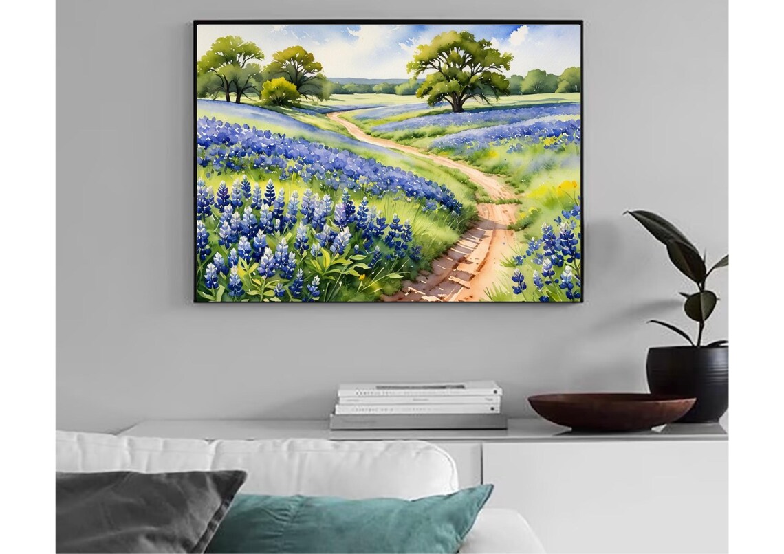 Bluebonnet Meadow Watercolor Art Print, Texas Road - Image 6