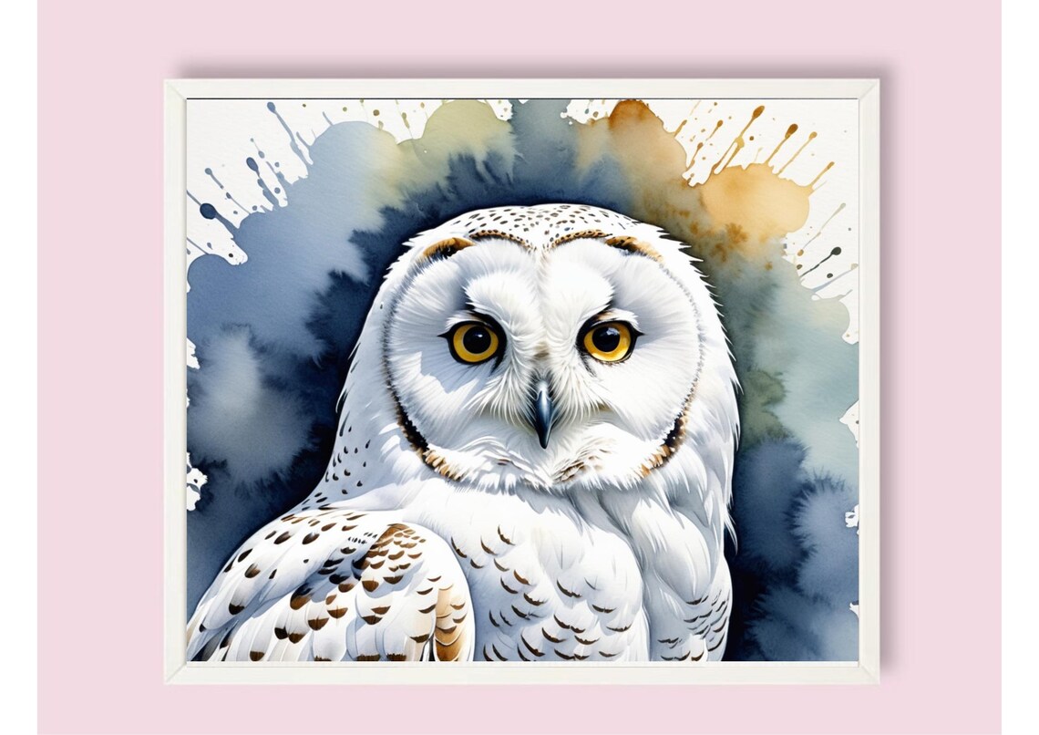 White Owl Portrait With Golden Eyes On Blue Splash Watercolor Poster - Image 6