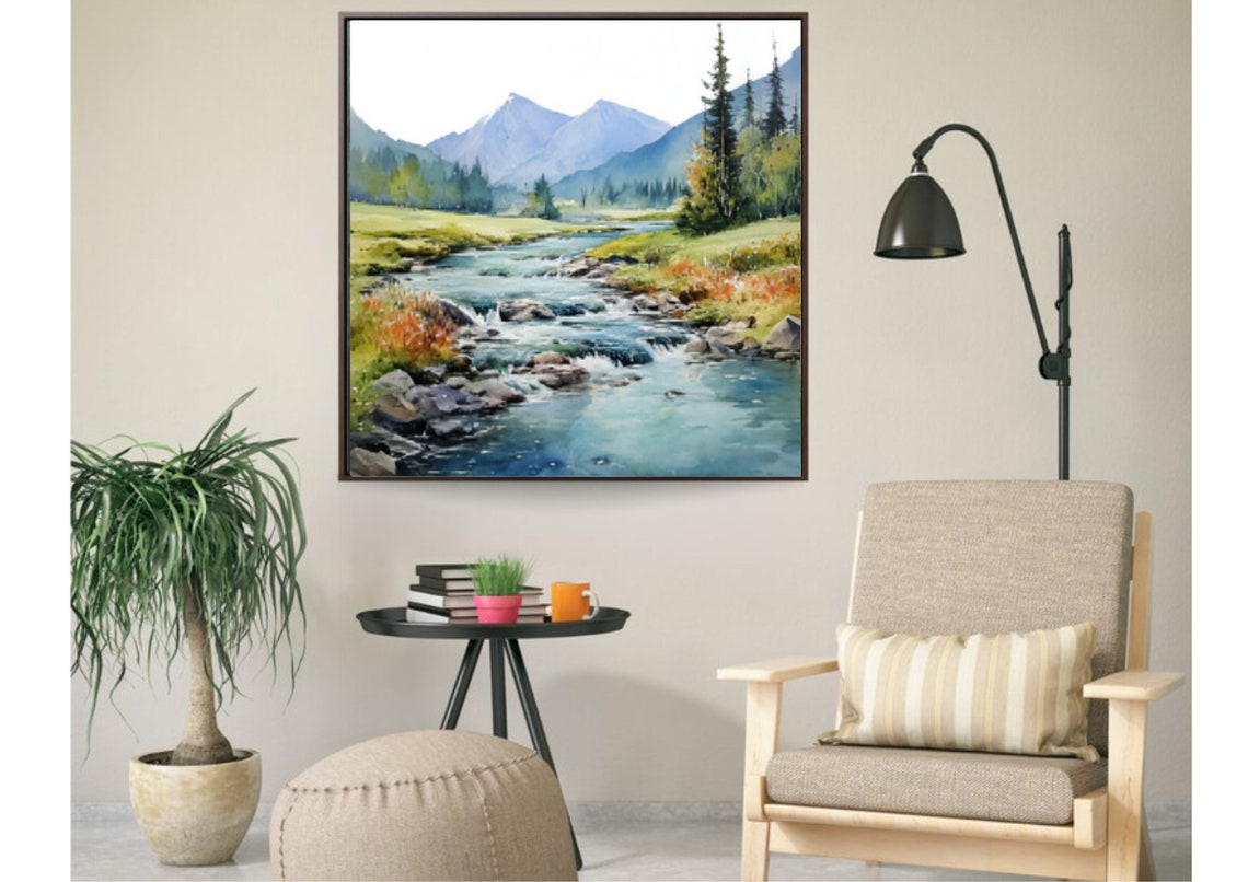Rocky Mountain River Rushing Through Pine Forest Watercolor Poster - Image 5