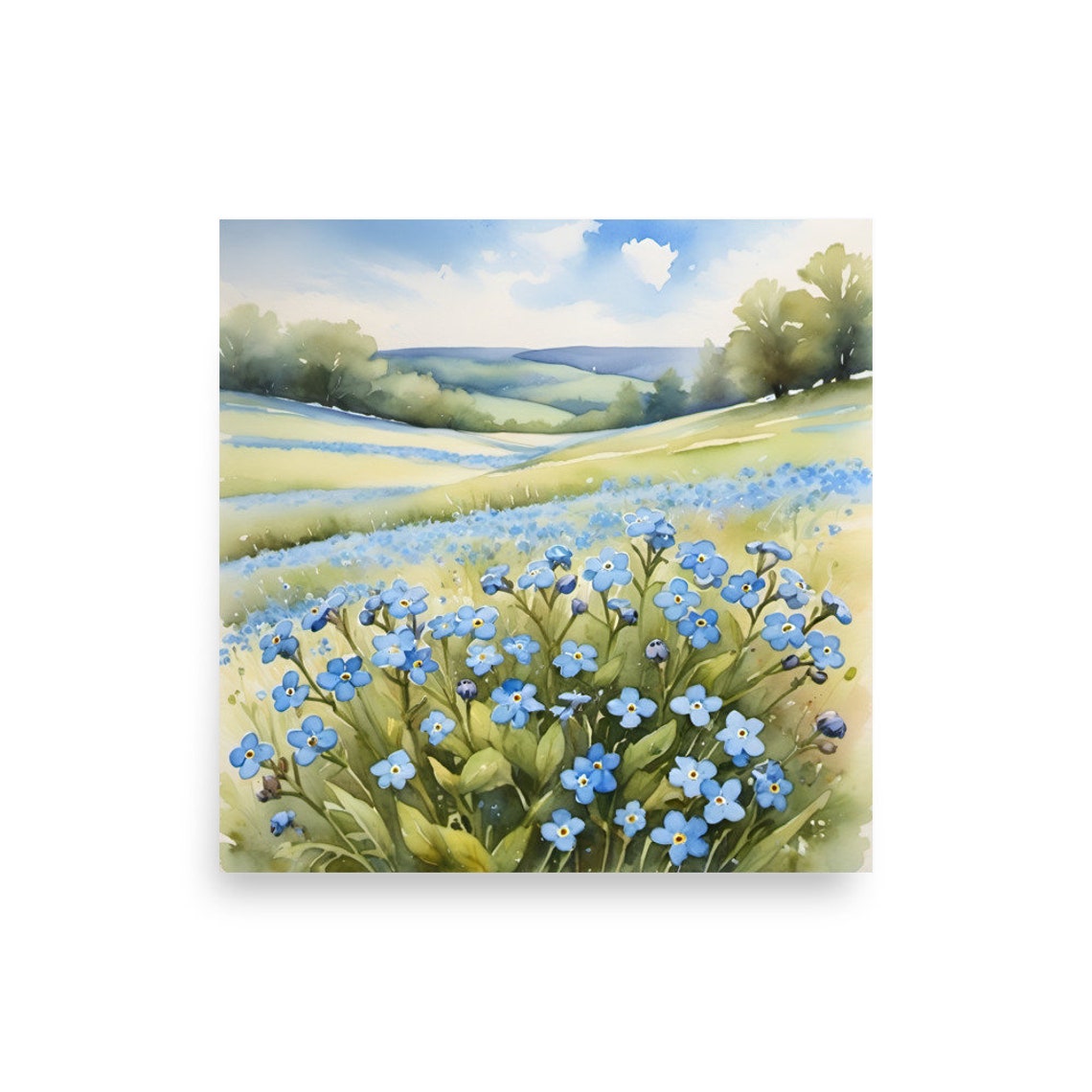 Forget Me Not Valley Of Blue Wildflowers Under Rolling Hills Poster - Image 2