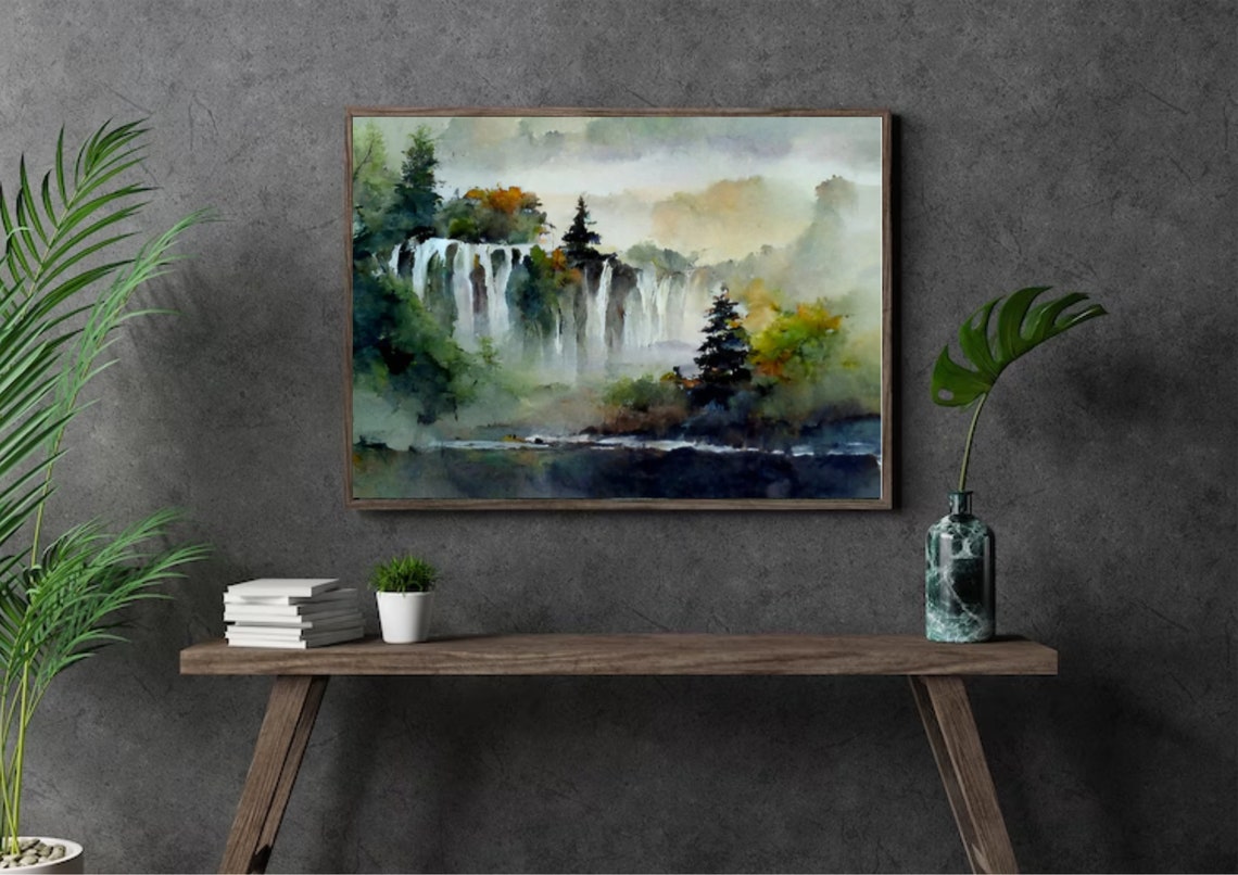 Misty Waterfall Cascades Forest Fog Dreamlike Watercolor Poster - Image 5
