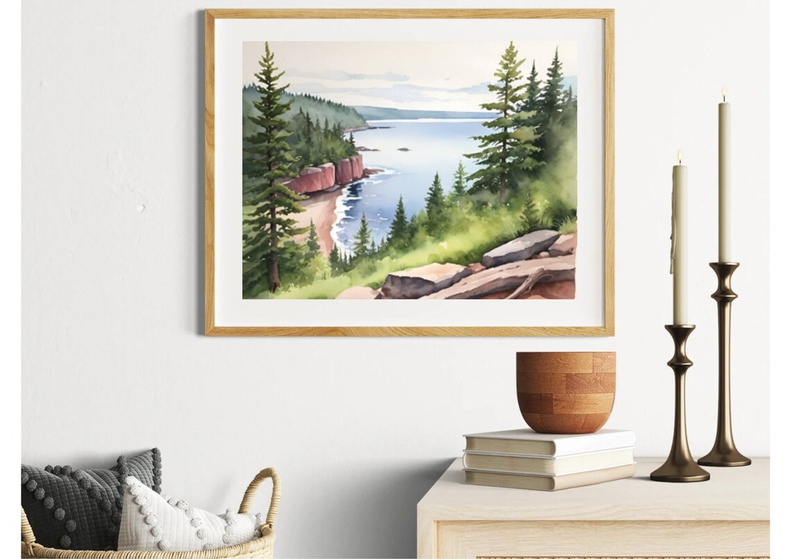 Lake Superior Painting Mountain Lake Watercolor Art Print Pine Fores Wall Art Great Lakes Of North America Panoramic Evergreen Landscape Art - Image 2