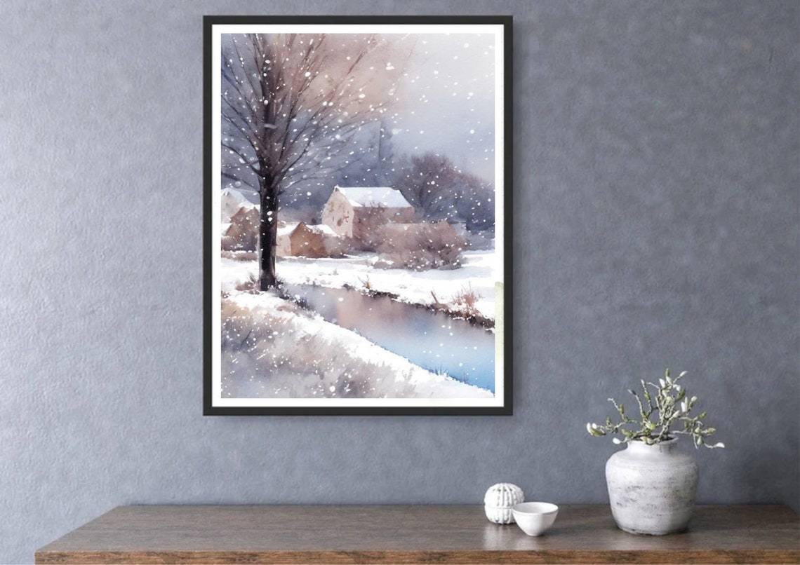 Vermont Painting Winter Country Landscape Watercolor Art Print Small Lake And House Panoramic Snowy Landscape Art Print Winter In Vermont - Image 5